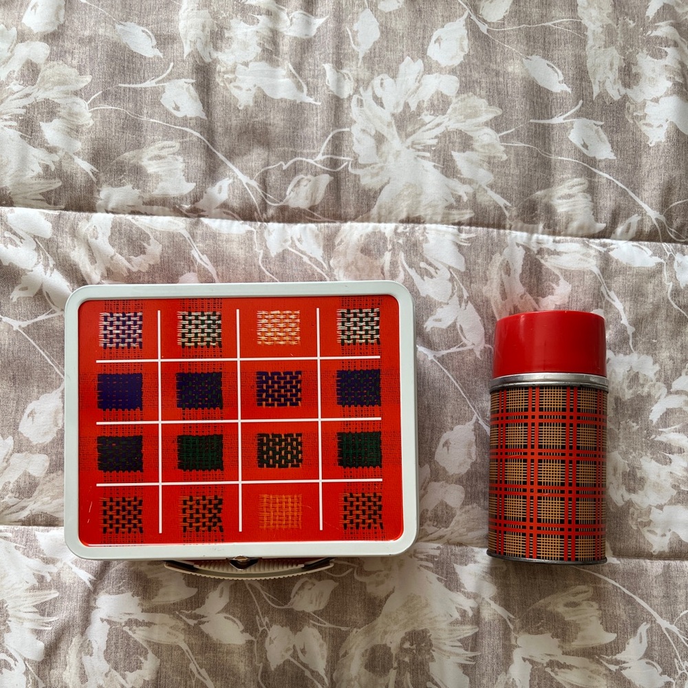 VINTAGE Brightly Colored Metal Lunch Box and Aladdin Thermos